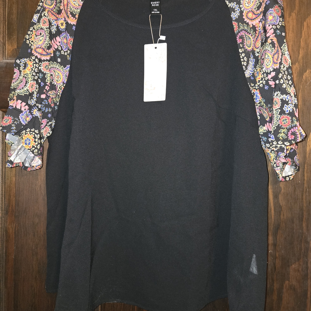 Floral Sleeve Black Tunic Top